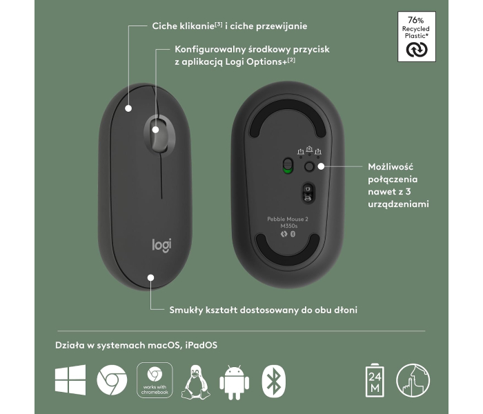 Logitech Pebble 2 M350s Black Mysz Bluetooth 4000 DPI Silent Easy-Switch 910-007015