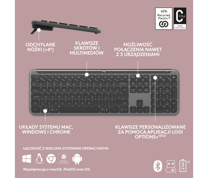 Logitech Signature Slim K950 920-012465 Klawiatura Bezprzewodowa Bluetooth USB