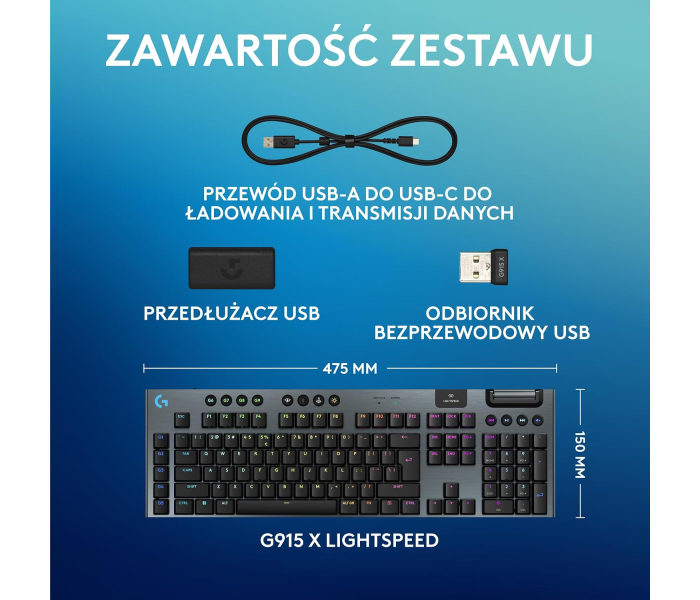 Logitech G915 X LIGHTSPEED GL Clicky 920-012709 – bezprzewodowa klawiatura gamingowa RGB, GL Clicky, LIGHTSPEED, Bluetooth, QWERTY
