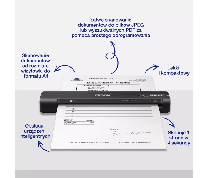 Skaner Epson WorkForce ES-60W Przenośny Mobilny WiFi A4 Bateria B11B253401