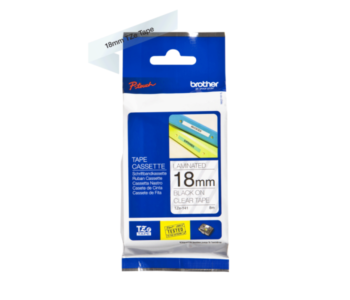Taśma Brother TZe-141 18mm czarny druk na przeźroczystym laminowana 8m