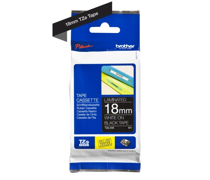 Taśma do drukarki Brother TZe-345 18mm 8m biała czarny nadruk laminowana