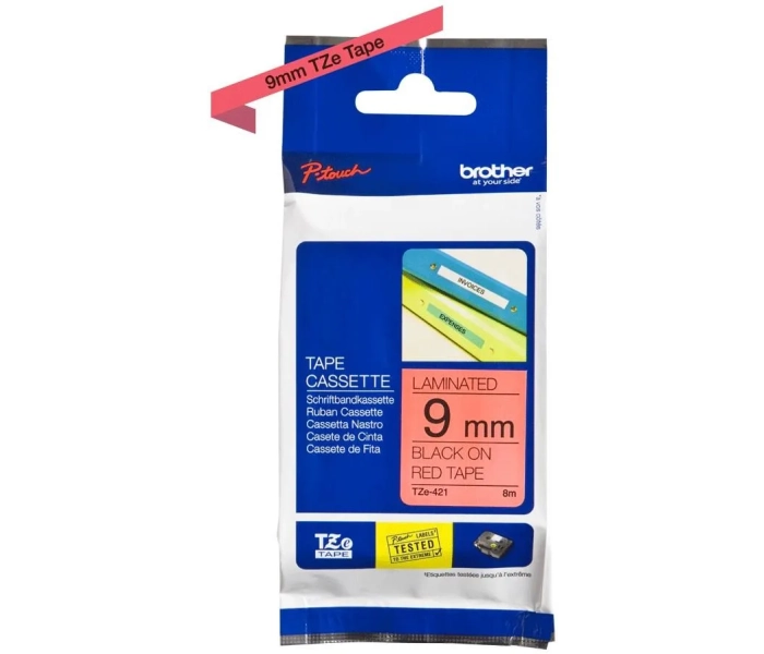 Taśma Brother TZe-421 12mm czarny nadruk czerwone tło 8m do P-touch