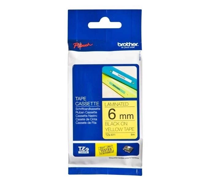 Taśma Brother TZE-611 TZE611 6mm czarny druk żółte tło laminowana 8m TZ-611