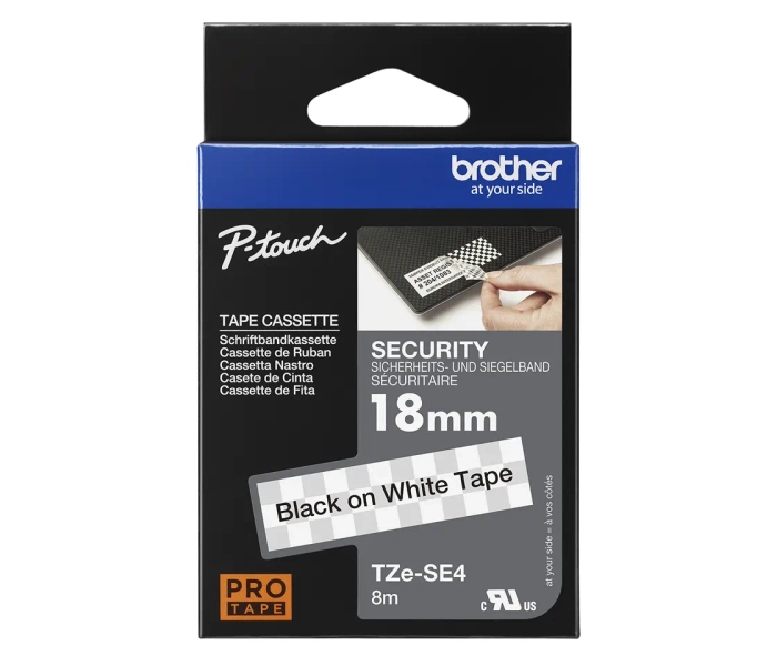 Taśma Brother TZE-SE4 18mm 8m czarny na białym laminowana plombująca wkład