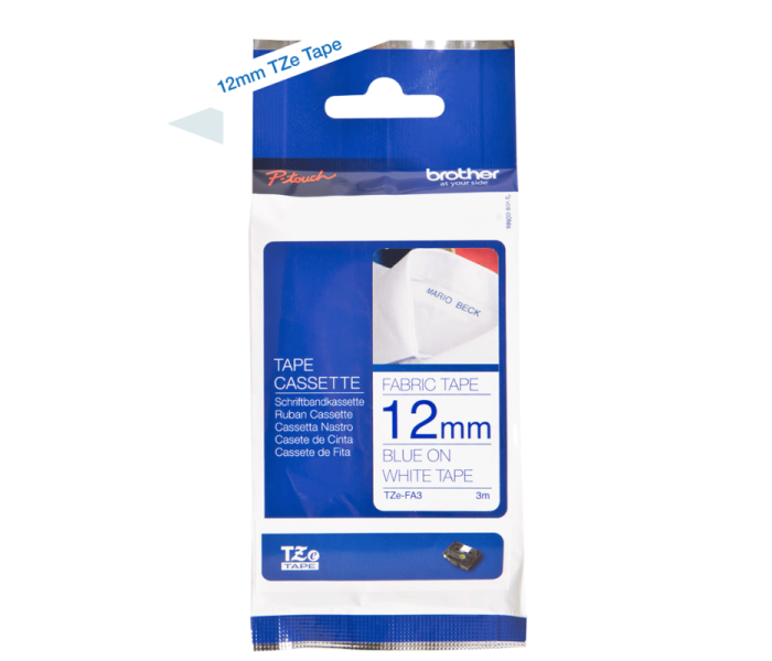 Taśma materiałowa Brother TZE-FA3 12mm niebieski nadruk na białym 3m