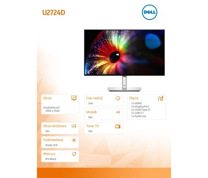 Monitor U2724D 27 cali IPS LED QHD(2560x1440)/16:9/HDMI/DP/USB-C/USB/3Y-3481454