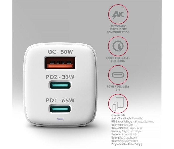 ACU-DPQ65W Ładowarka sieciowa GaN 65W, 3x port (USB-A + dual USB-C) PD3.0/QC4+/PPS/Apple, biała-3487399
