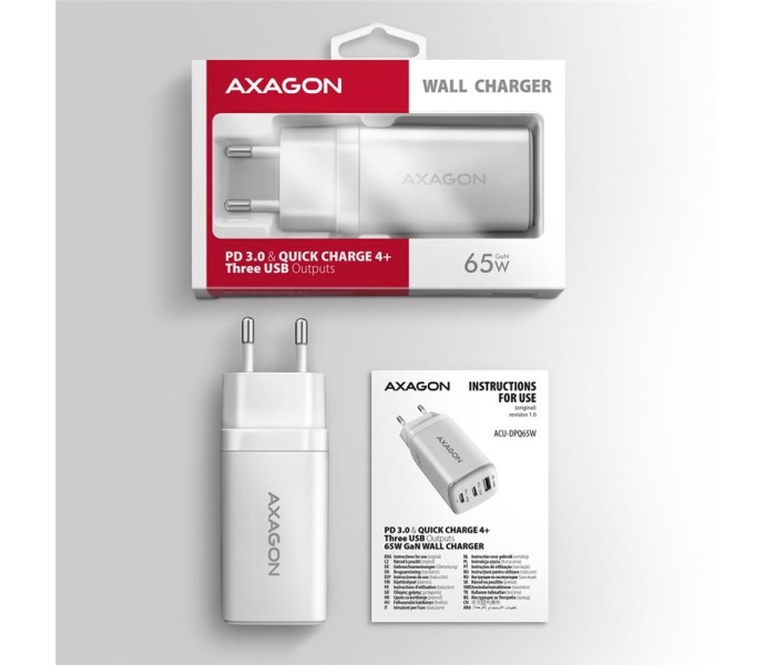 ACU-DPQ65W Ładowarka sieciowa GaN 65W, 3x port (USB-A + dual USB-C) PD3.0/QC4+/PPS/Apple, biała-3487402