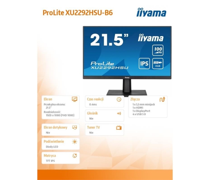 Monitor 21.5 cala ProLite XU2292HSU-B6 IPS,100Hz,FreeSync,SLIM,HDMI,DP,2x2W, 4xUSB(3.2),0.4ms-3491715
