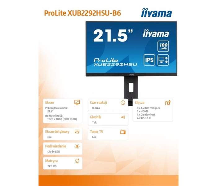 Monitor 21.5 cala XUB2292HSU-B6 IPS,100Hz,FreeSync,PIVOT,0.4ms,HDMI, DP,4xUSB(3.2),2x2W,HAS(150mm)-3491744