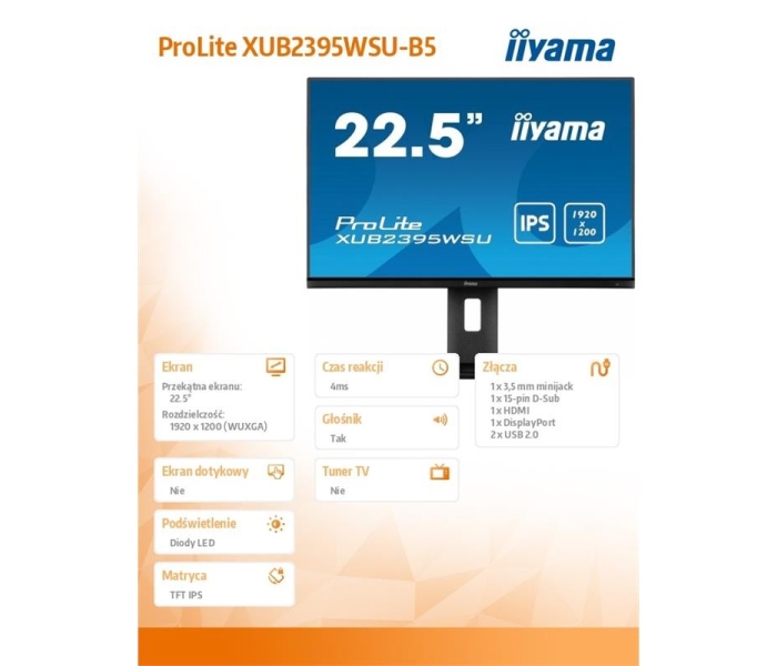 Monitor 22.5 cala XUB2395WSU-B5 IPS,PIVOT,1920x1200,DP,HDMI,VGA,16:10,2xUSB,2x2W,Freesync,HAS(150mm)-3491789