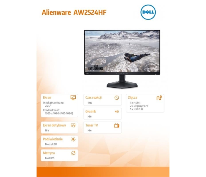 Monitor Alienware AW2524HF 24.5 cala AMD FreeSync Premium 500Hz Full HD (1920x1080)/16:9/DP/HDMI/USB/3Y AES&PPE-3493208