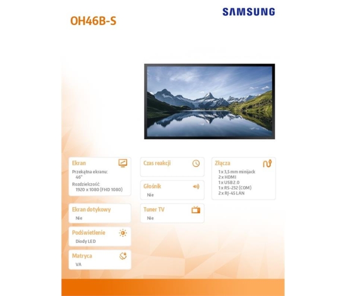 Monitor profesjonalny OH46B-S 46 cali Błyszczący 24h/7 3500(cd/m2) 3840x2160 (UHD) S7 Player (Tizen 6.5) 3 lata OnSite (LH46OHBESGBXEN)-3499421